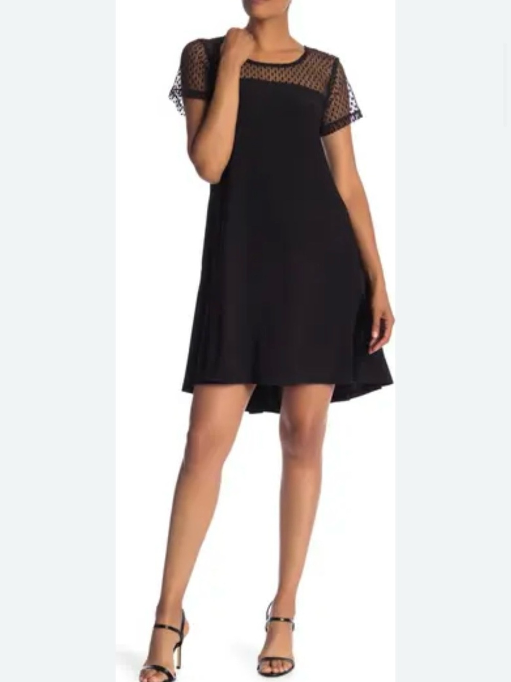 Nina Leonard Black Midi Dress with Polka Dot Mesh Yoke